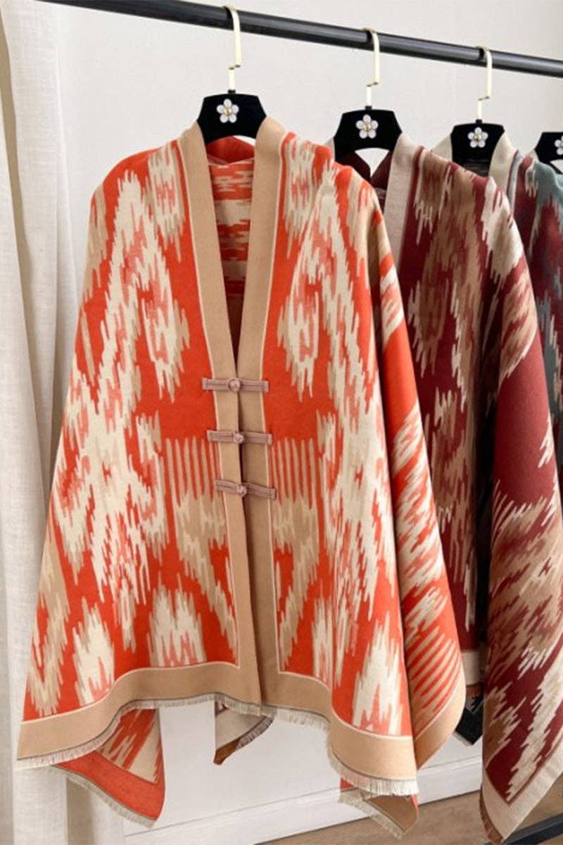 Print Toggle Front Cape Cardigan: ORANGE / One Size