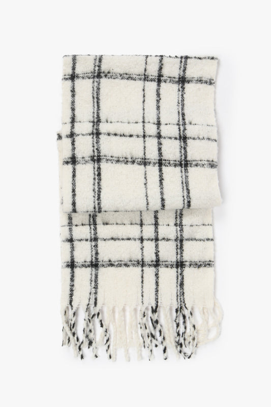 Oblong Plaid Woven Scarf in Ivory