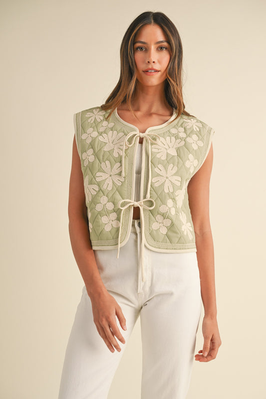 Floral Embroidered Quilted Vest in LT Sage