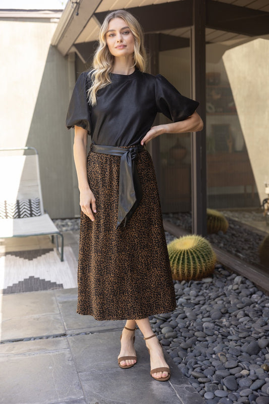 Leopard Print Faux Leather Waist Tie Midi Skirt in Brown