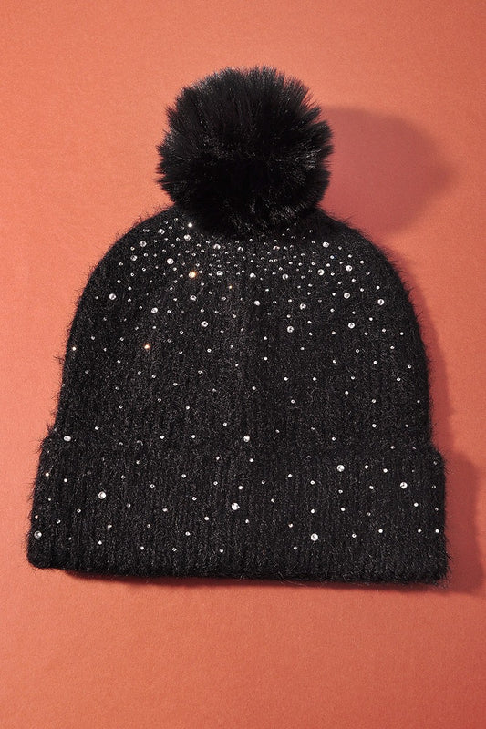 Rhinestone Pom Pom Beanies in Black