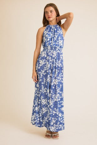 Smocking Neck And Waist Sleeveless Floral Print Dress in Blue-Ivory Floral