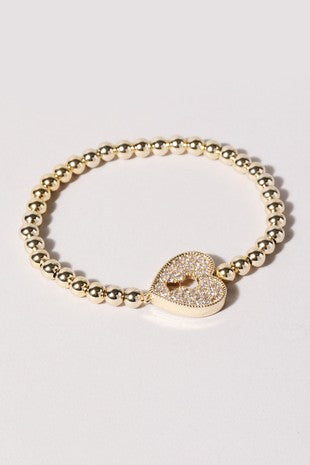 Pave CZ Heart Gold Beaded Bracelet