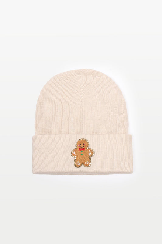 Gingerbread Chenille Gold Glitter Patch Beanies in Beige