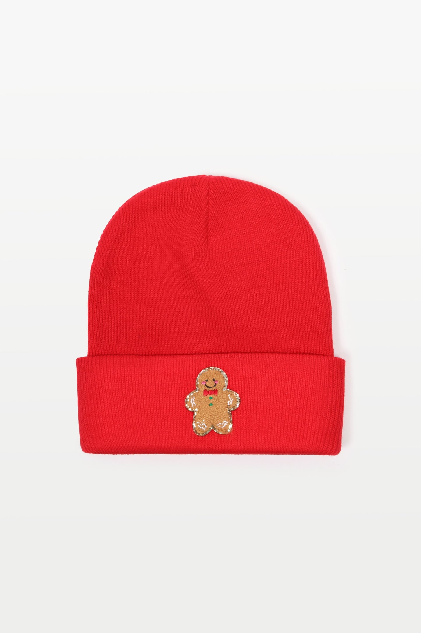 Gingerbread Chenille Gold Glitter Patch Beanies in Red