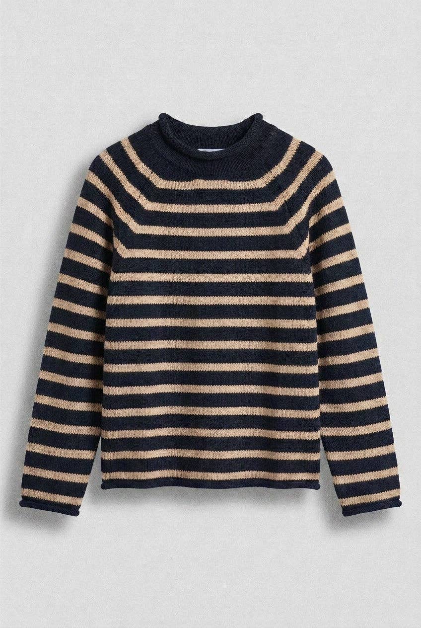 Striped Mock Neck Cotton Knit Sweater: Black Camel