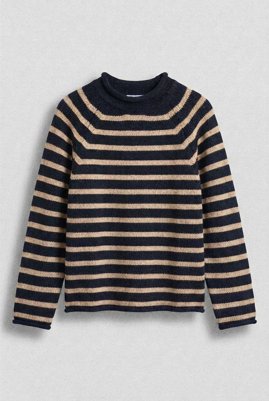 Striped Mock Neck Cotton Knit Sweater: Black Camel