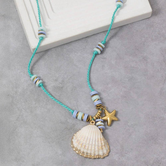 Starfish And Sea Shell Pendants Cord Necklace: MU