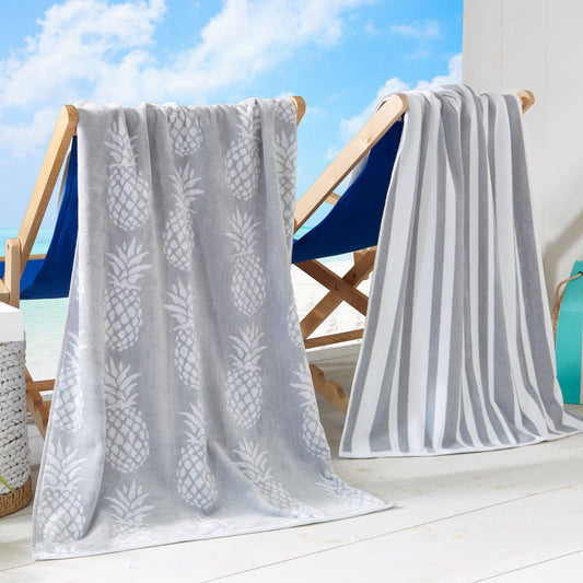 Cotton Velour Beach Towel - Maui Collection: Grey/White Pineapple & Stripe