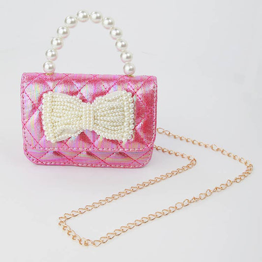 Shimmer Pearl Bow Purse: Hot pink