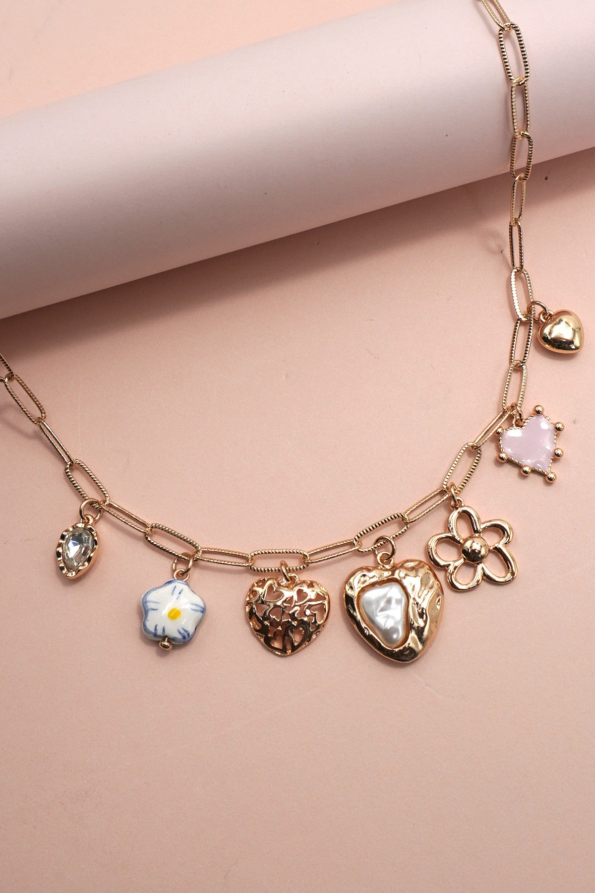 Charm Necklace-Porcelain Heart Flower Charm | Gold