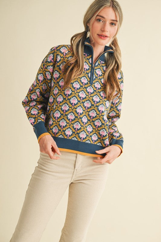 Floral Mock Neck Half Zip Pullover: Peacock Blue Multi