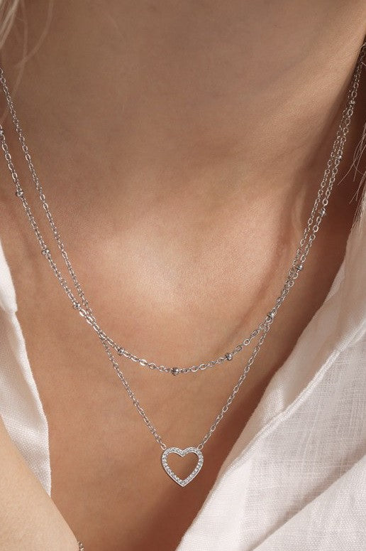 Non Tarnish Layered Rhinestone Heart Necklace