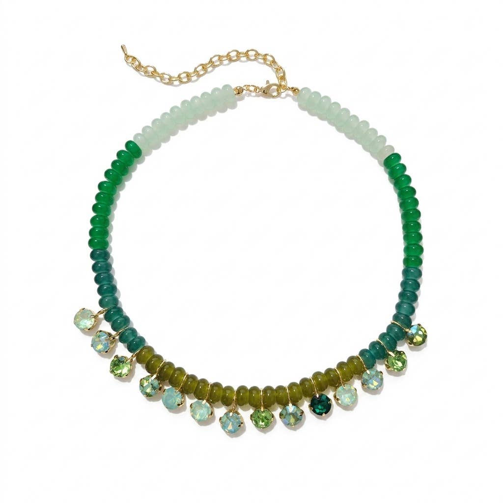Boho Rondelle Beaded Rhinestone Choker Necklace: DarkGreen / M