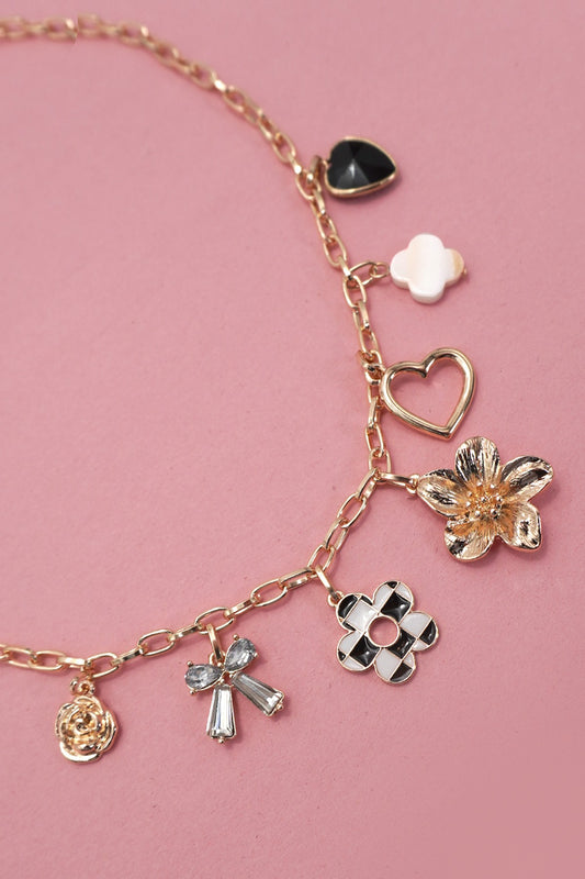 Charm Necklace-bow Checker Heart Rhinestone | Gold