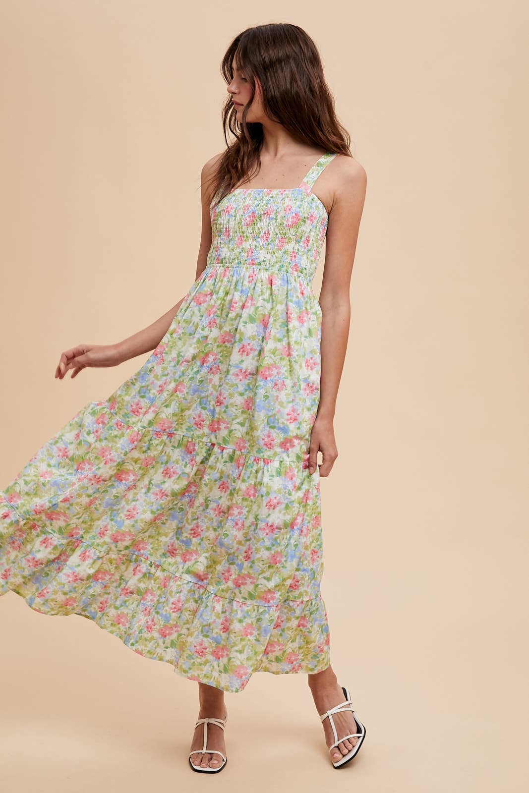 Smocked Cotton Floral Maxi Dress: Spring Meadow