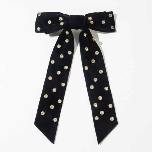 Pretty Rhinestone Stud Bow Ribbon Hair Clips | Black