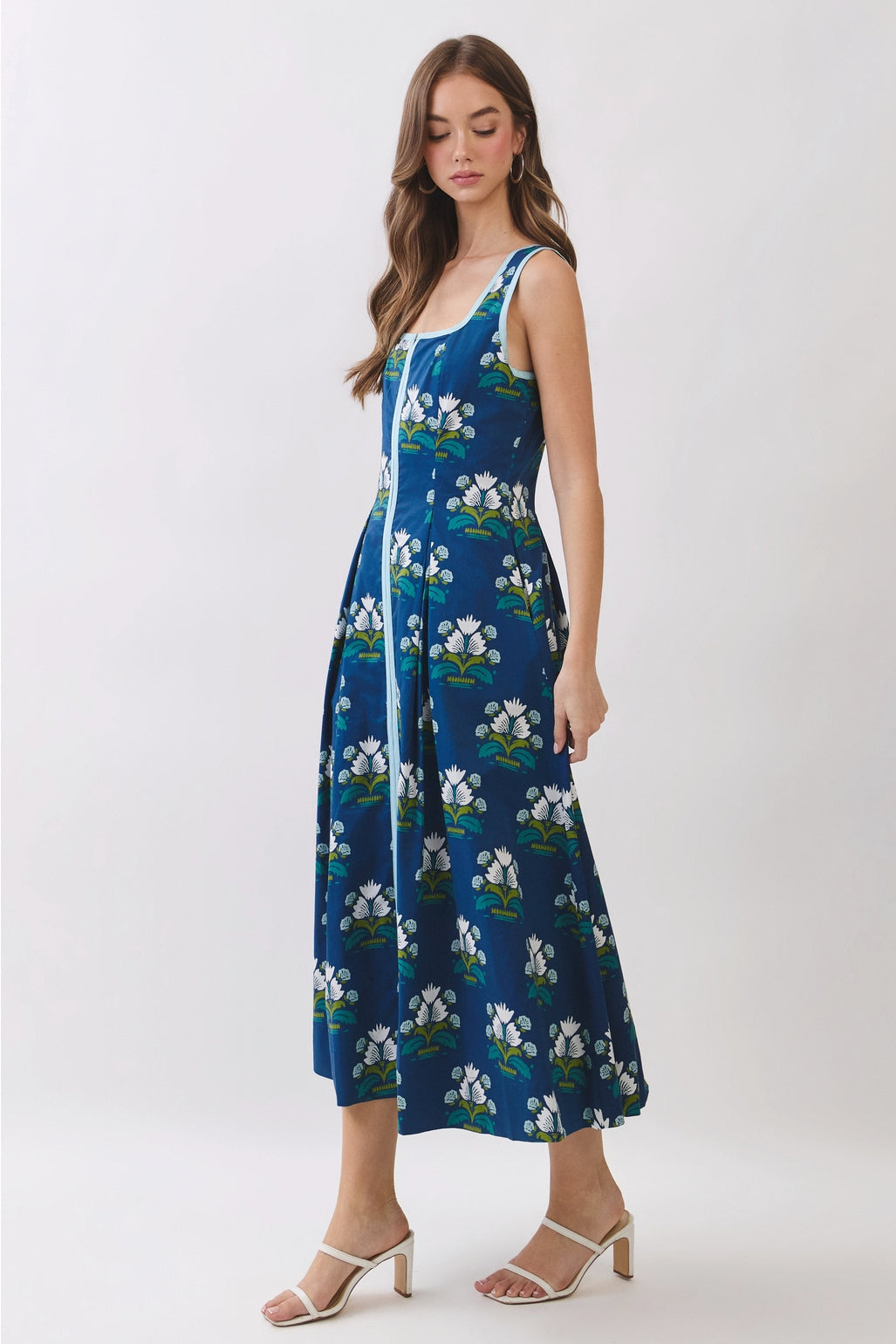 Floral Border Trim Square Neck Midi Dress in Navy