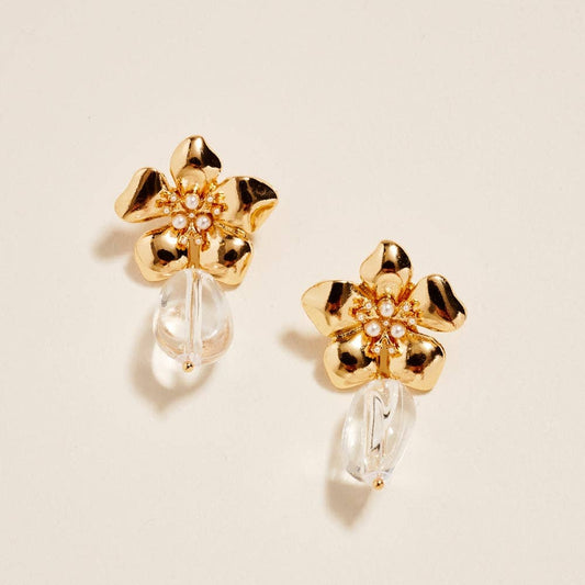 2 Inch Flower Pearl Clear Resin Bead Post Earrings: Gold / ONE
