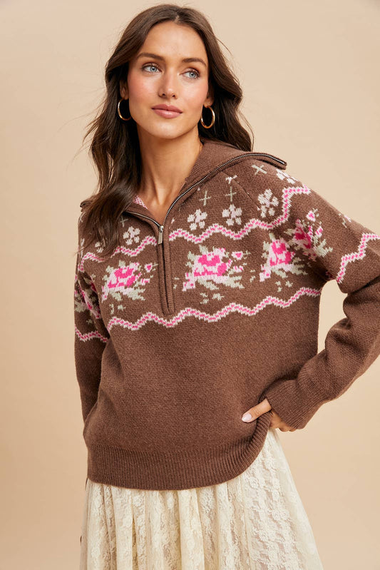 Knitted Fair Isle Half ZIP Pullover: Chestnut