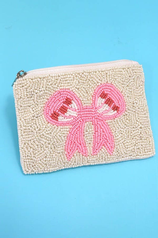 Bow Ribbon Rainbow White Seed Bead Holiday Pouch | White