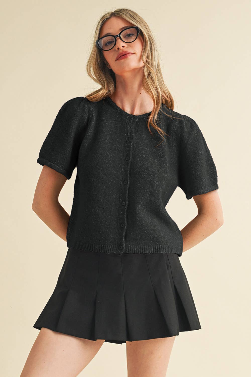 Short Puff Sleeve Sweater Cardigan: Black
