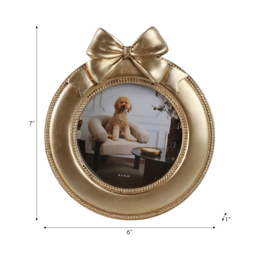 Photo Frame - Gold Polyresin Round with Bow, 4x4 in.