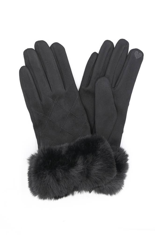 Fluffy Faux Fur Suede Smart Touch Winter Gloves: Black