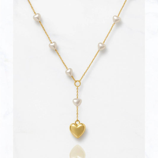 Gold Y Necklace with Heart & Pearl Beads