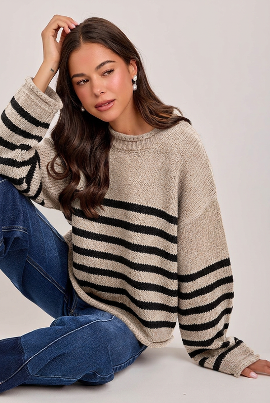 Loose Fit Stripe Fall Crew Neck Sweater Top: Oatmeal/Black