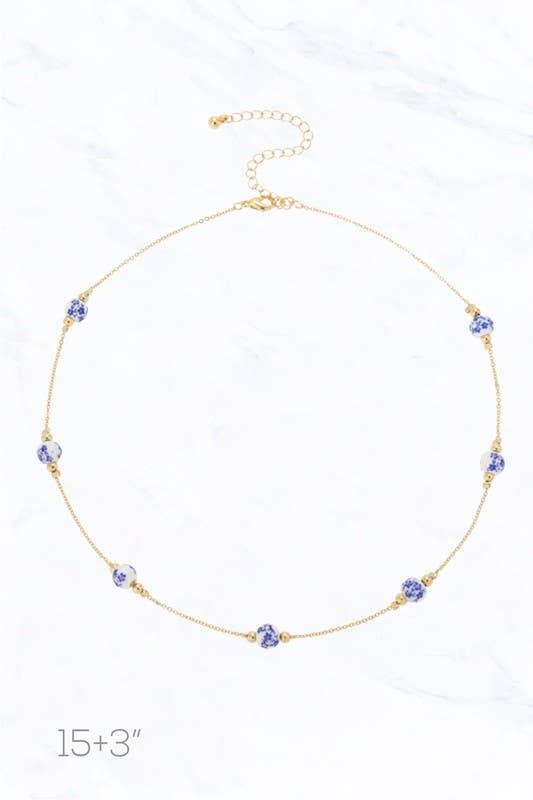 Ceramic flower bead necklace: Blue