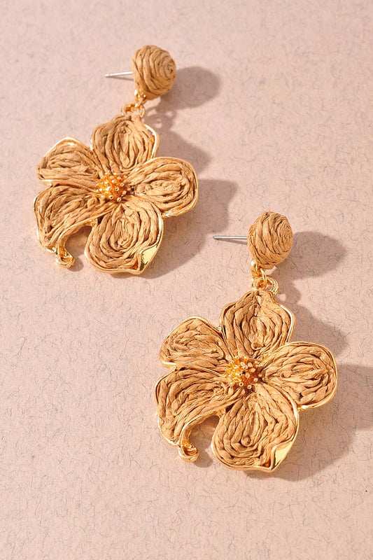 Woven Raffia Floral Statement Earrings: Khaki