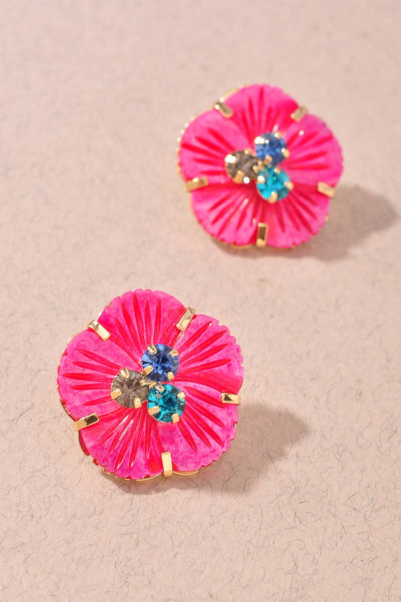 RESIN FLORAL STATEMENT STUD EARRINGS: Fuchsia