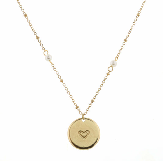 Kids 14" Pearl Chain with Heart Disk Necklace, 3" Ext.