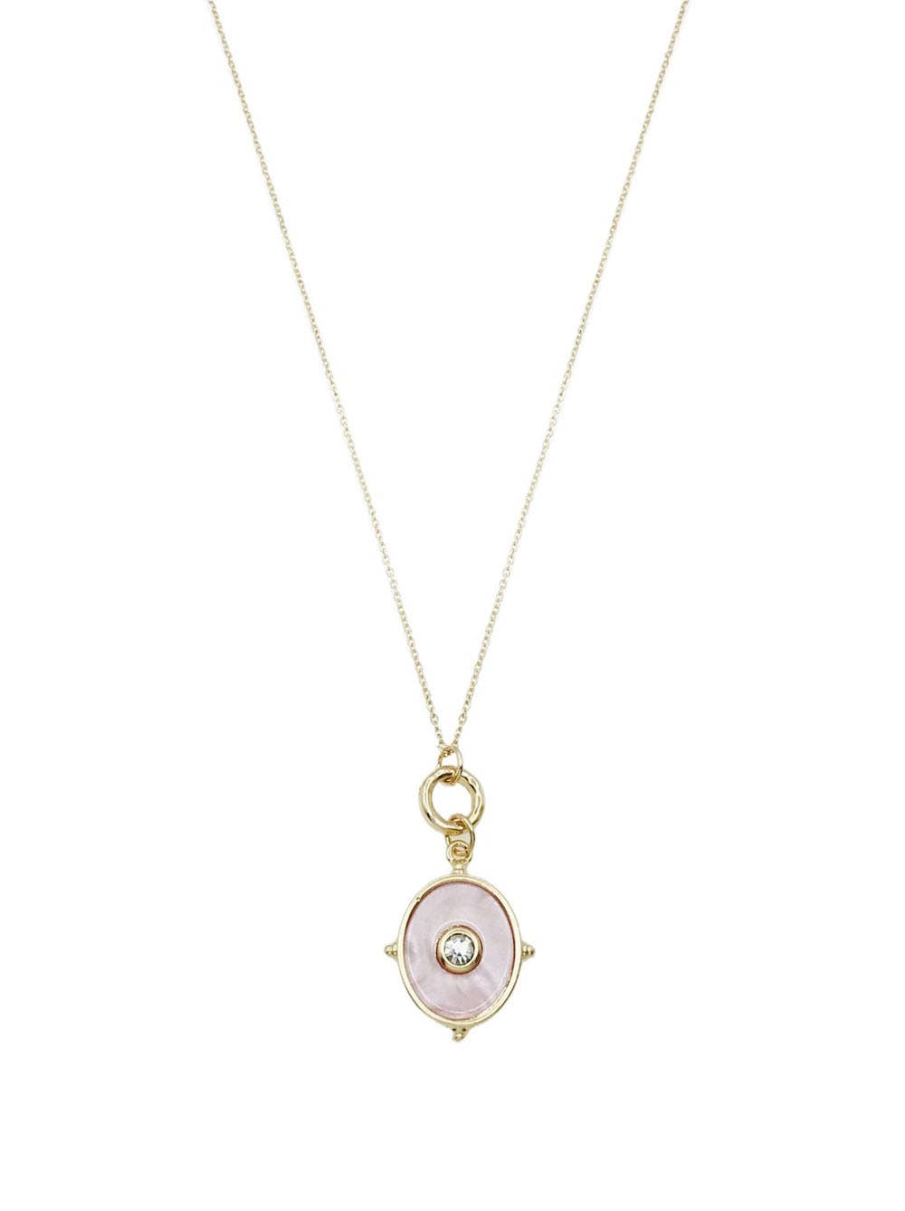 Rhinestone Adorned Enameled Oval Charm Necklace: 02 Pink
