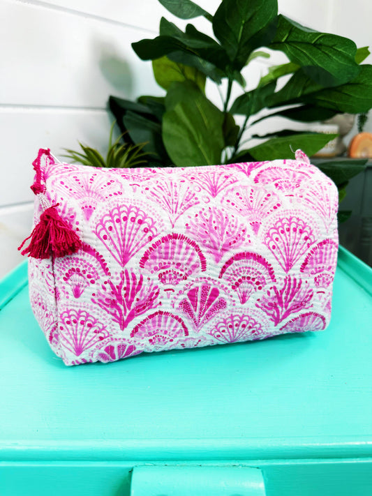Quilted Makeup Bag | Travel Cosmetic Toiletry Bag | Seashell
