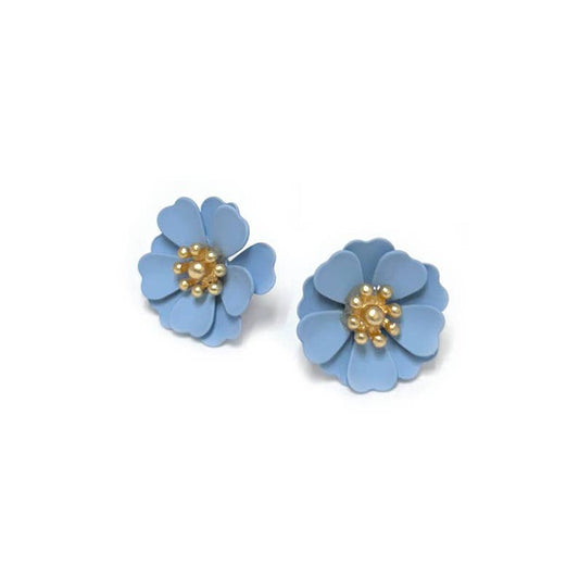Lightweight Flower Metal with Golden Pollen Post Earrings: Blue