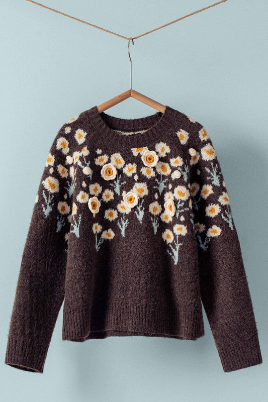 Daisy Embossed 3D Floral Knit Sweater: Brown