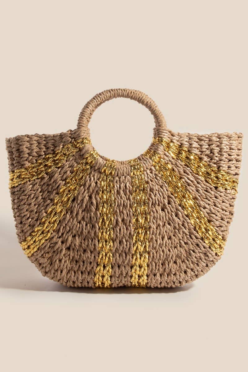 Metallic Stripes Round Braided Straw Hand Bag: KH