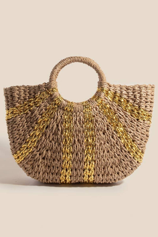 Metallic Stripes Round Braided Straw Hand Bag: KH