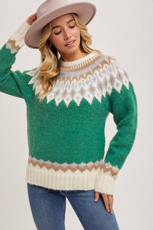 Fair Isle Knit Ugly Sweater Pullover: Forest