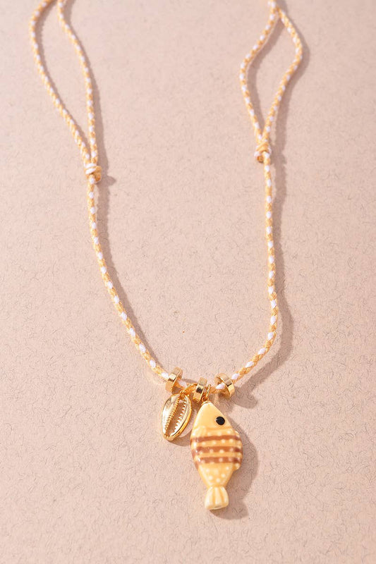 Colorful Fish Charm Cord Necklace: Brown