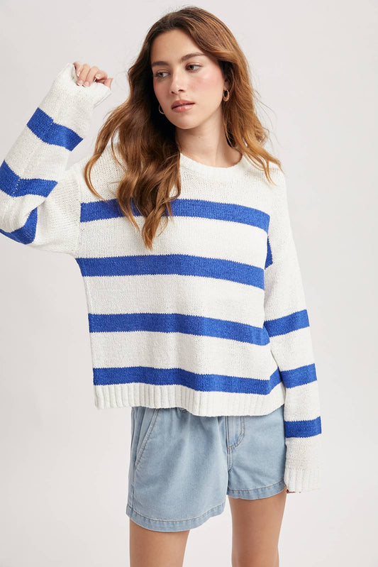 Striped Lightweight Sweater / White/Pacific