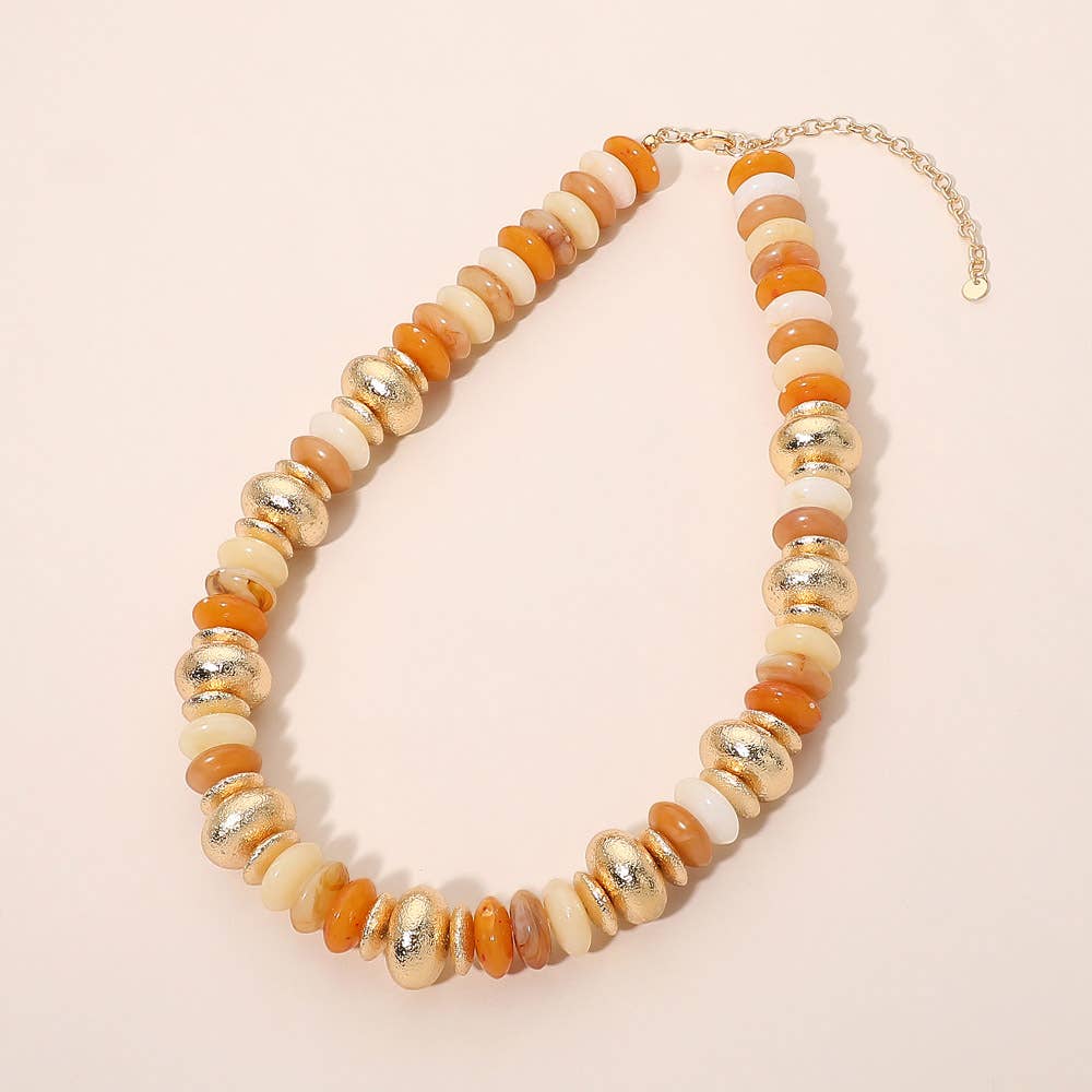 Chunky Mixed Disc Beaded Necklace: Brown,Gold,Multi