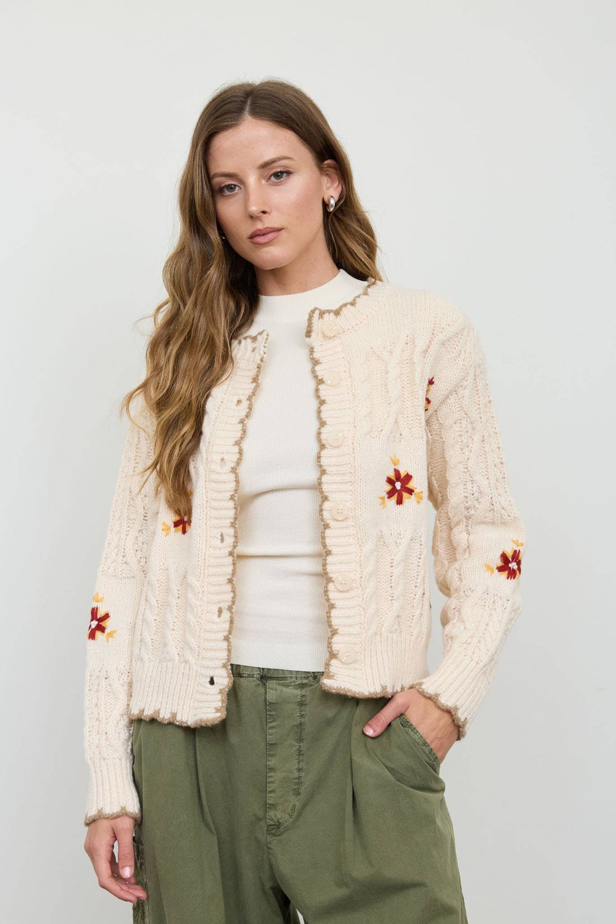 Checkered Cable Knit Floral Pattern Knit Cardigan: Cream