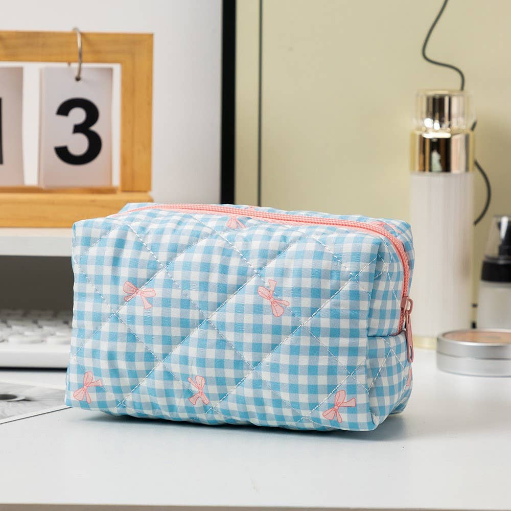 Quilted Cotton Checker Bow Cosmetic Pouch Bag | Checker Blue