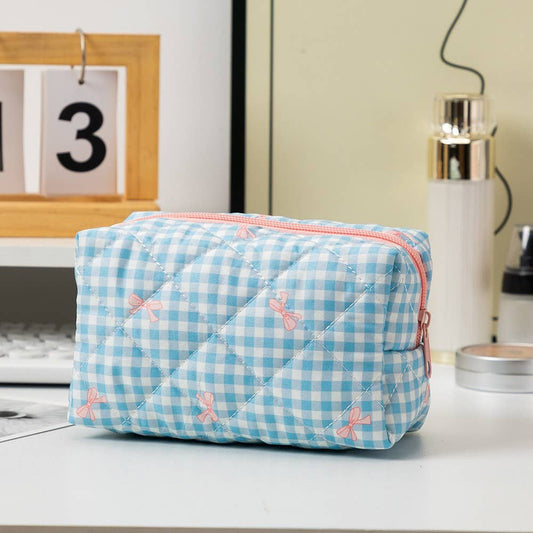Quilted Cotton Checker Bow Cosmetic Pouch Bag | Checker Blue