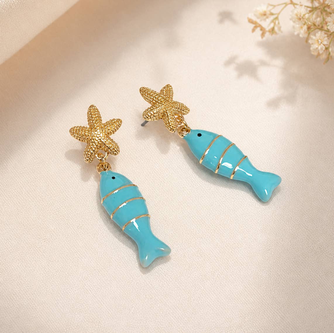 Enamel Fish & Textured Starfish Drop Post Earrings: Gold/Turquoise