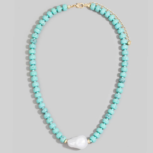 Pearl Pendant Green Stone Beaded Necklace: B