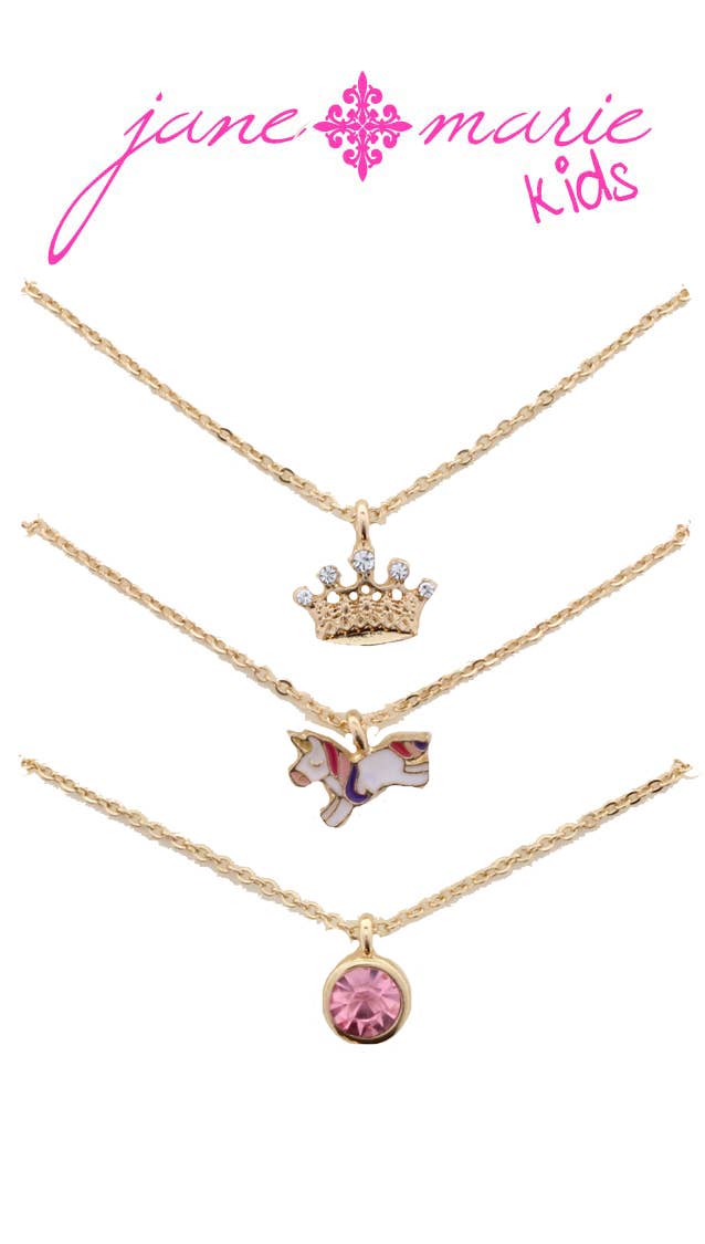 Kids 14" Crown, Unicorn, Pink Crystal Necklace